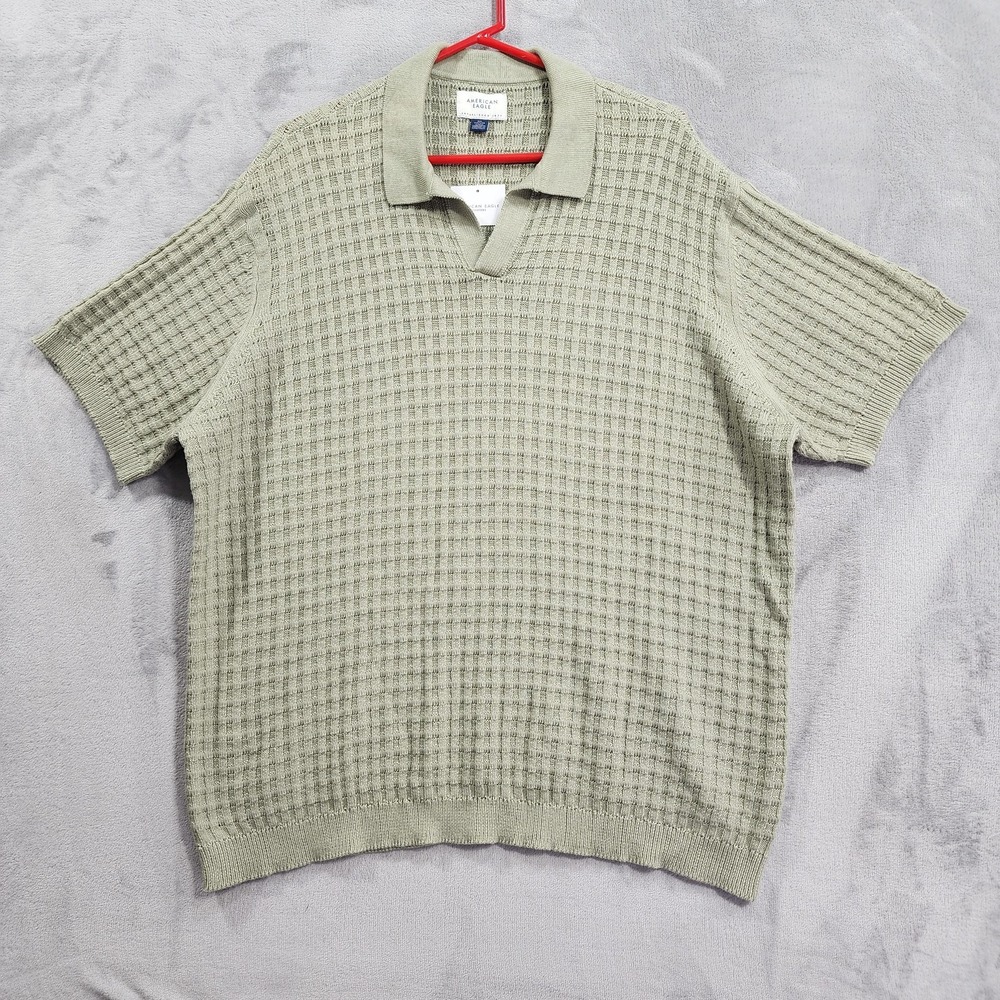 NEW American Eagle Sweater Mens 2XL Green Collared Waffle Knit Polo Short Sleeve